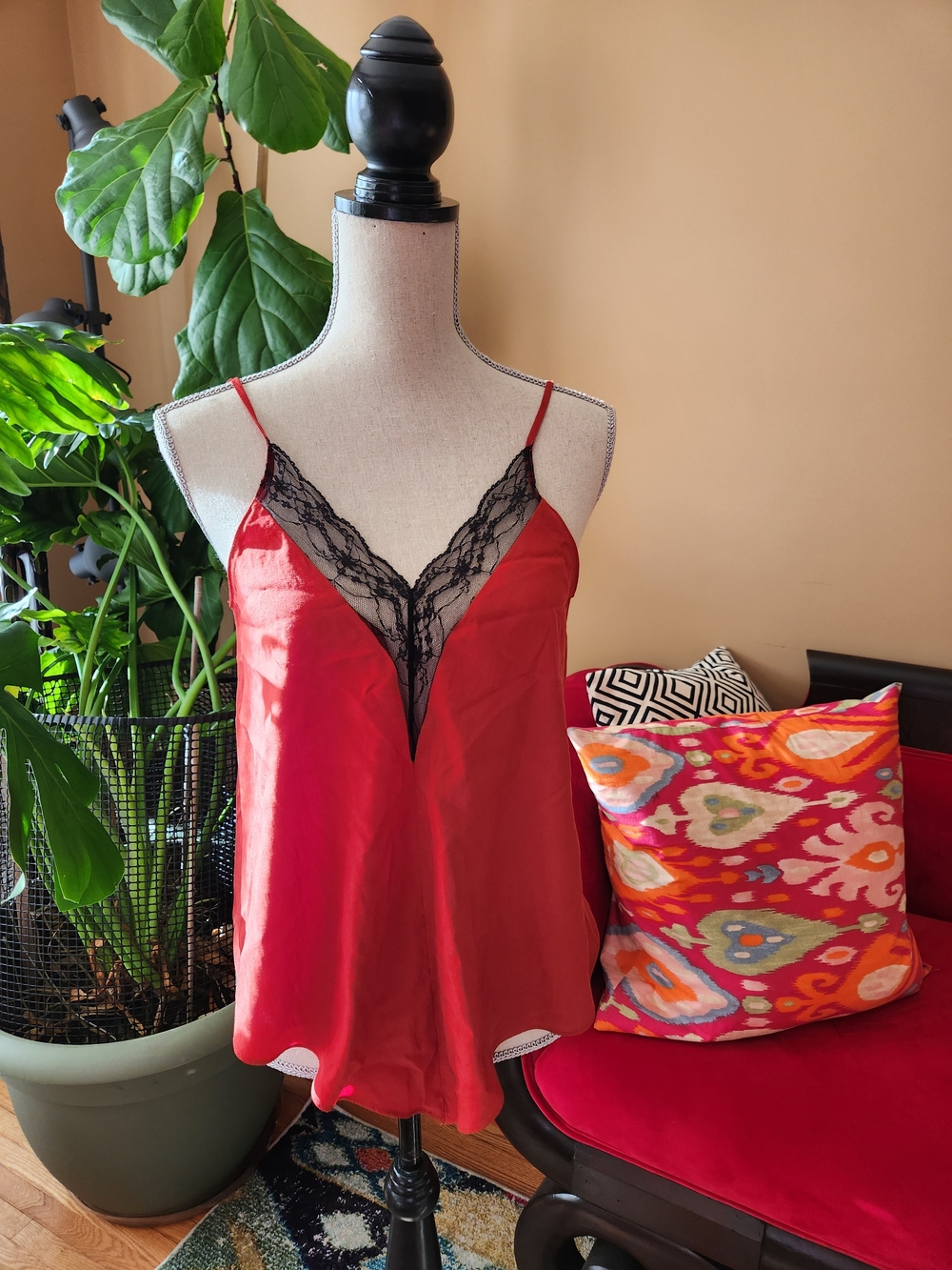 Zara Red Satin Cami with Black Lace Trim
